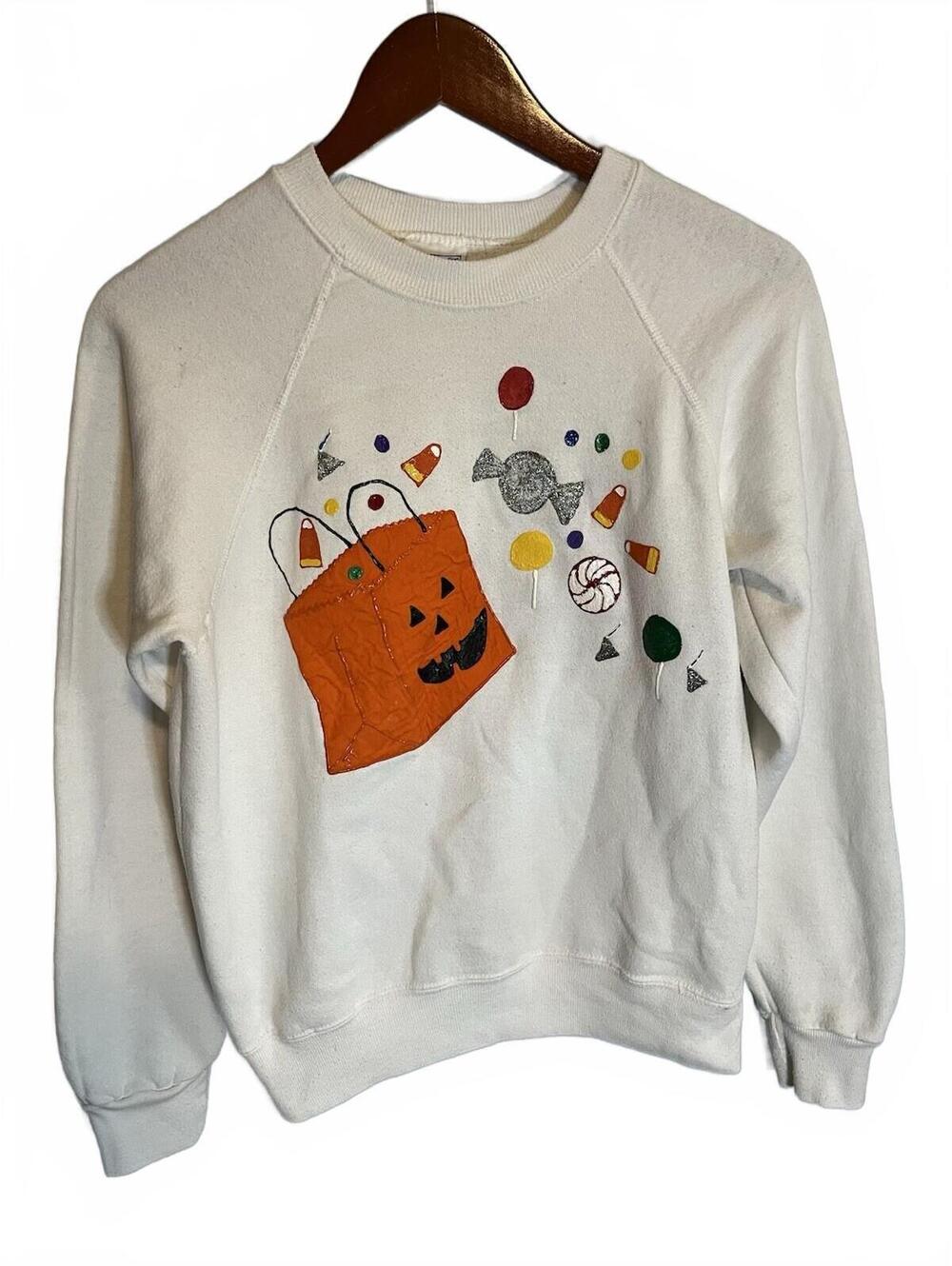 Vintage Raglan White S/M Puffy Paint Trick Or Treat Halloween Sweatshirt Lee USA